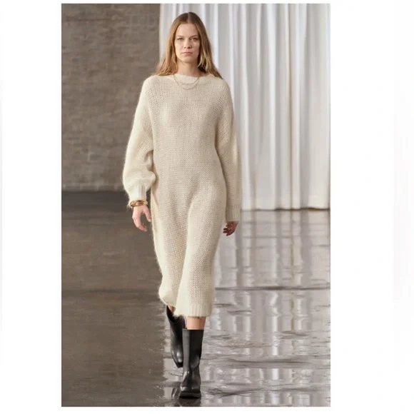 Zara Cream Long Sleeve Knit alpaca blend Dress - Picture 1 of 9